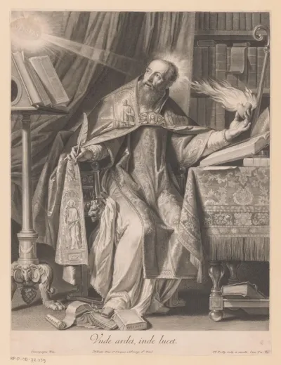 Heilige Augustinus verlicht door Veritas, in zijn hand een brandend hart