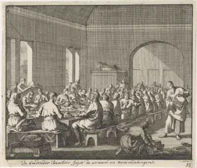 Heilige Basilius serveert een maaltijd aan de armen
