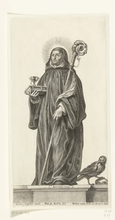 Heilige Benedictus als abt met kromstaf en gebroken kelk en raaf met brood