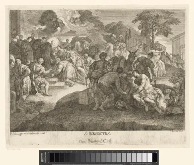 Heilige Benedictus en mannen met een schatkist