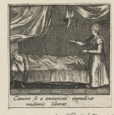 Heilige Bernardus van Clairvaux wordt in zijn slaap belaagd door een onkuise vrouw