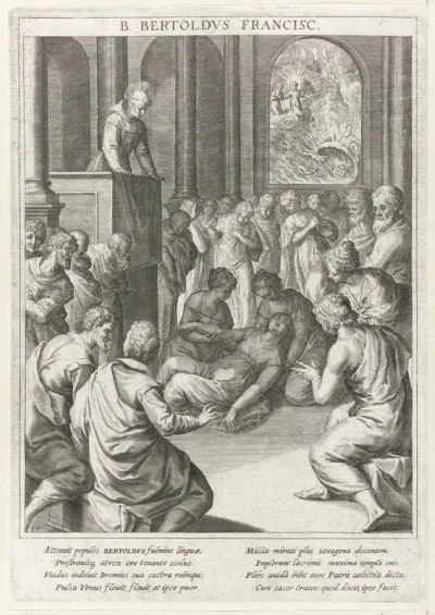 Heilige Bertholdus van Regensburg wekt met een preek een vrouw terug tot leven