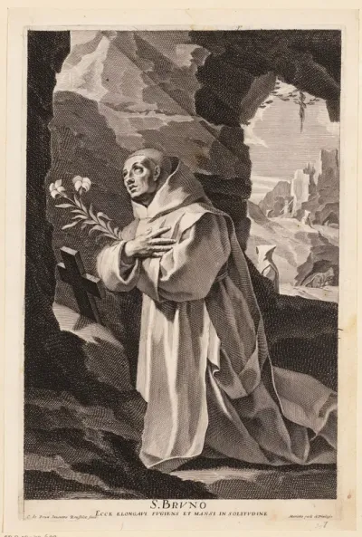 Heilige Bruno knielend voor een kruis
