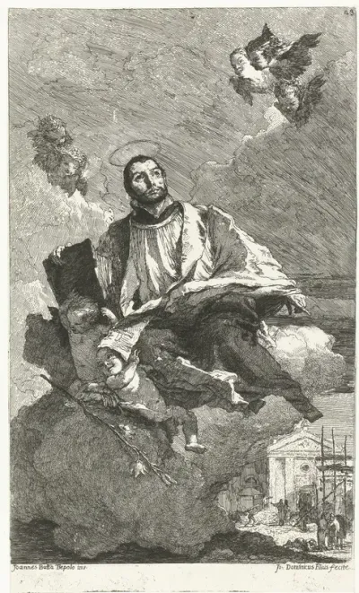 Heilige Cajetanus van Thiene (Gaetano da Thiene) op wolk gedragen door engelen