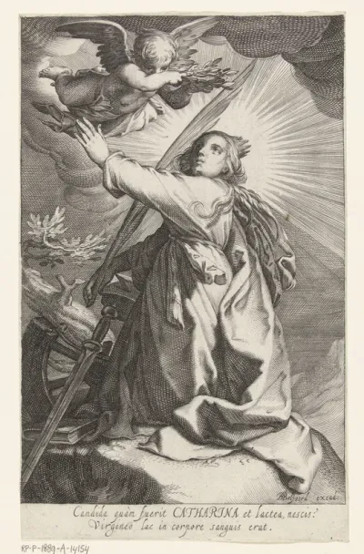Heilige Catharina van Alexandrië met palmtak, zwaard en gebroken wiel