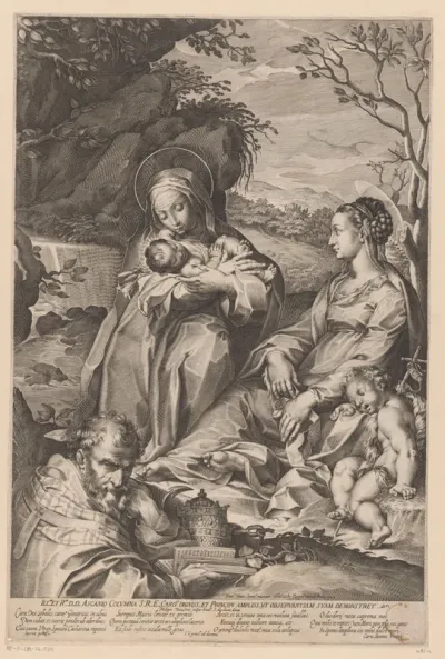 Heilige Catharina van Siena met het Christuskind, Maria, een slapende Johannes de Doper en een paus Clemens I