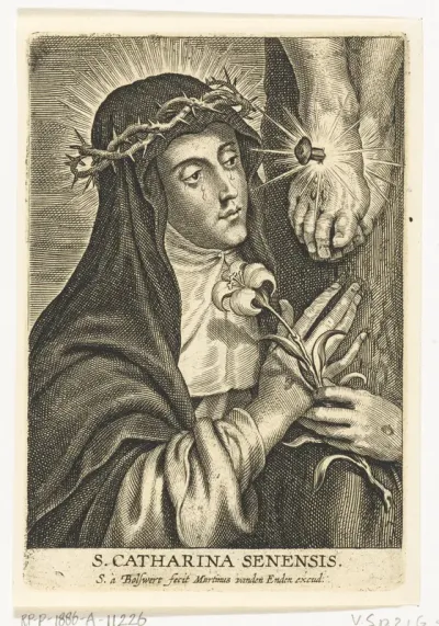 Heilige Catharina van Siena met stigmata bij crucifix