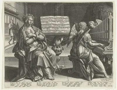 Heilige Cecilia en een engel die het orgel bespeelt