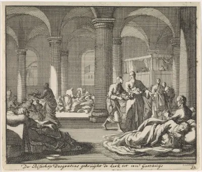 Heilige Deogratias verzorgt zieken in de kerk