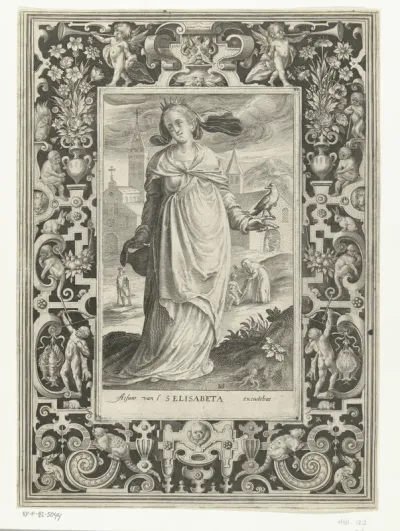 Heilige Elisabet van Hongarije met kruik en vogel in omlijsting met ornamenten