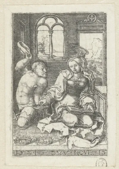Heilige Elisabeth van Hongarije geeft een aalmoes aan een bedelaar op okselkrukken