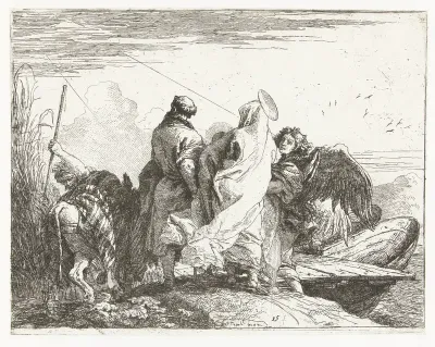 Heilige familie begeleid door engel op oever bij boot