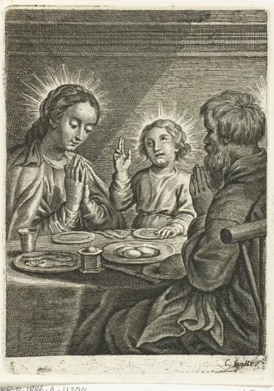 Heilige Familie biddend voor de maaltijd