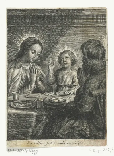 Heilige Familie biddend voor de maaltijd