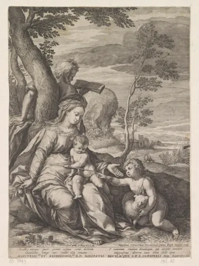 Heilige Familie bij een boom met Johannes de Doper als kind
