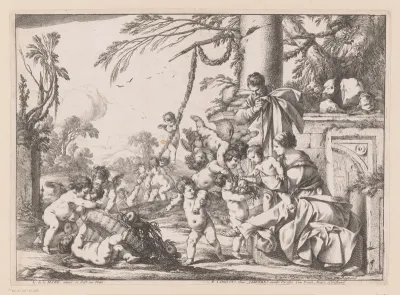 Heilige Familie en putti met fruitmand in een landschap