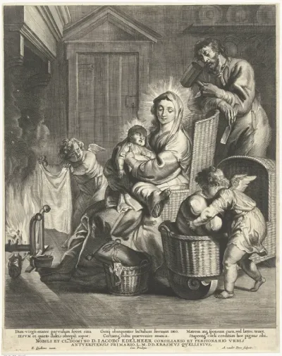 Heilige familie in interieur met twee engelen