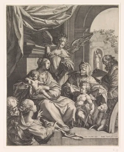 Heilige familie met de Heilige Catharina en Johannes de Doper als kind