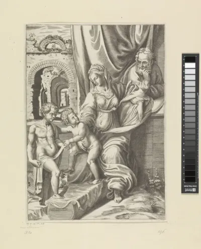Heilige Familie met de jonge Johannes de Doper bij ruïnes