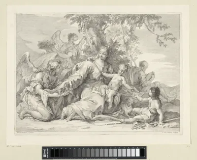 Heilige Familie met de jonge Johannes de Doper en engelen