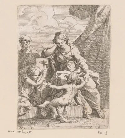 Heilige familie met Johannes bij een gordijn
