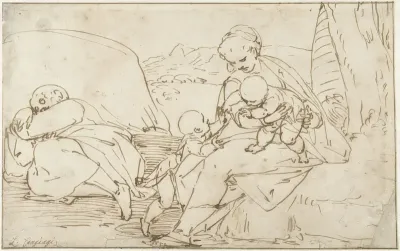 Heilige Familie met Johannes de Doper als kind in een landschap