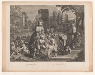 Heilige Familie met Johannes de Doper, een lam, andere kinderen en putti