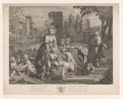 Heilige Familie met Johannes de Doper, een lam, andere kinderen en putti