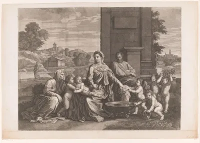 Heilige Familie met Maria die het Christuskind in bad doet