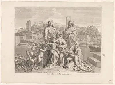 Heilige Familie met putti die bloemen aanreiken