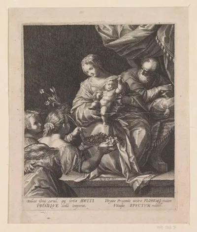 Heilige familie met twee engelen