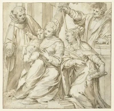 Heilige Familie met twee palmtak dragende martelaren