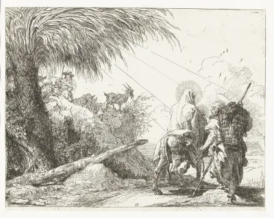 Heilige familie passeren herder met kudde schapen en palmboom tijdens vlucht naar Egypte