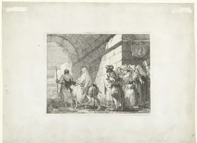 Heilige familie vertrekt door een stadspoort