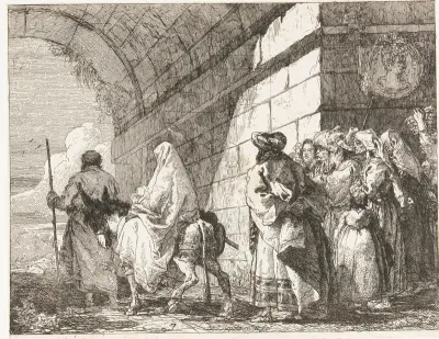 Heilige familie vertrekt door een stadspoort
