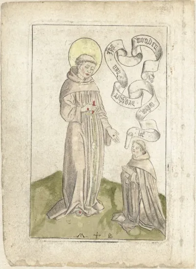 Heilige Franciscus met knielende franciscaan