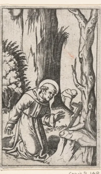 Heilige Franciscus van Assisi knielend voor crucifix