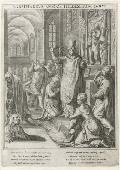 Heilige Godehardus van Hildesheim brengt de doden weer tot leven