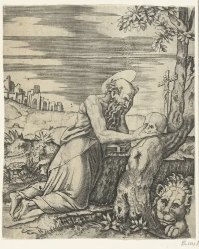 Heilige Hieronymus als boeteling in woestijn
