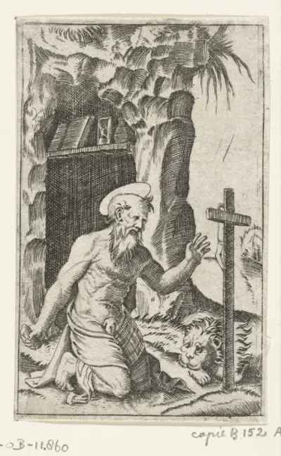 Heilige Hieronymus knielend bij crucifix en leeuw