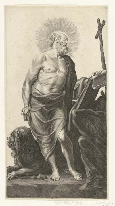 Heilige Hieronymus met pen en papier en kruis en leeuw