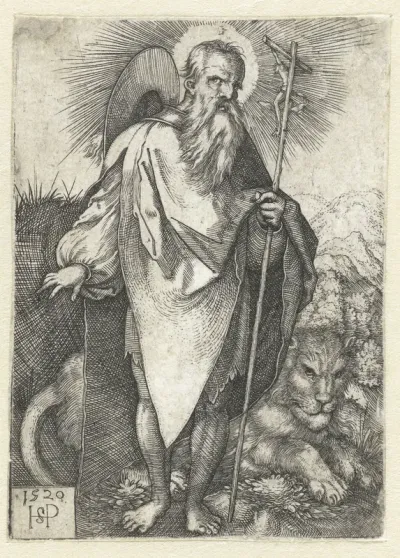 Heilige Hieronymus staand met crucifix en leeuw