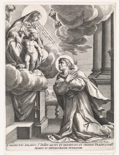 Heilige Hyacinthus van Polen aanbidt Maria met het Christuskind