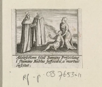 Heilige Hyacinthus van Polen ontmoet een liggende man