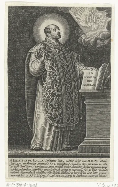 Heilige Ignatius de Loyola aanbidt IHS monogram