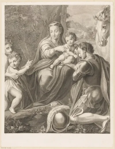 Heilige Joris geknield voor Madonna met kind en Johannes de Doper