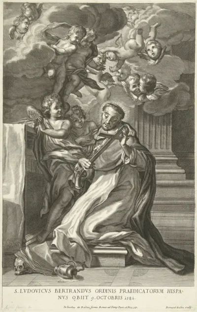 Heilige Ludovicus Beltrán met crucifix knielt tussen engelen