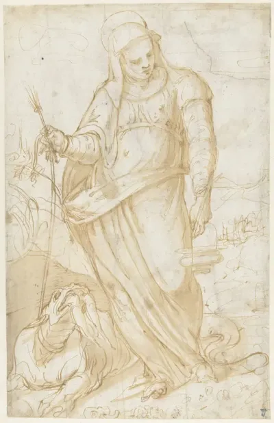 Heilige Margaretha met de draak in een landschap