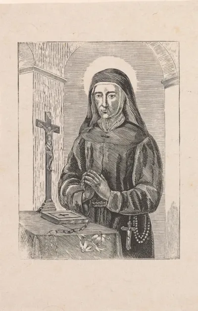 Heilige met een crucifix, een bijbel en een bloem