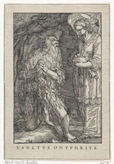 Heilige Onyphrius de Grote als kluizenaar met engel